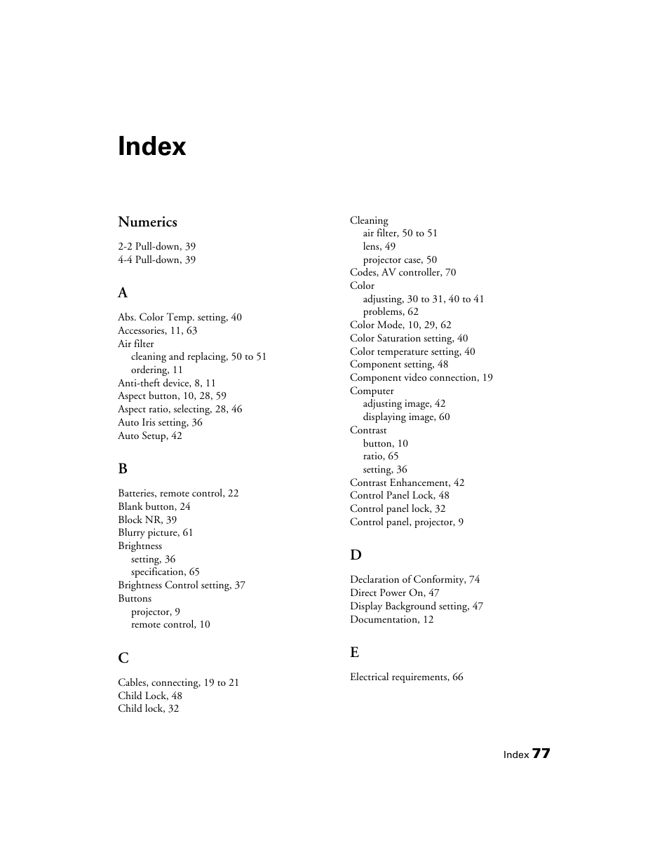 Index, Numerics | Epson 6100 User Manual | Page 77 / 80