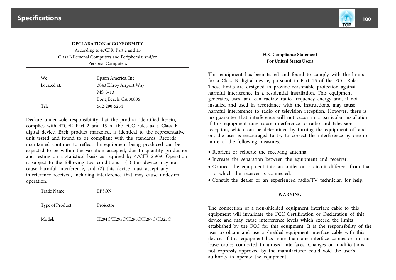 Specifications | Epson EB-825 User Manual | Page 100 / 121