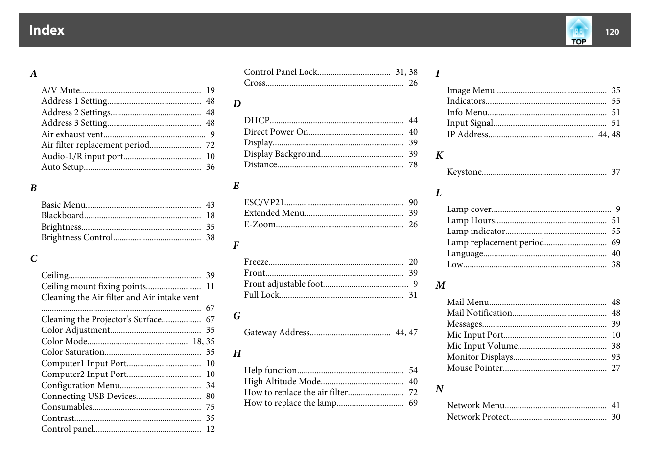 Index | Epson EB-825 User Manual | Page 120 / 121