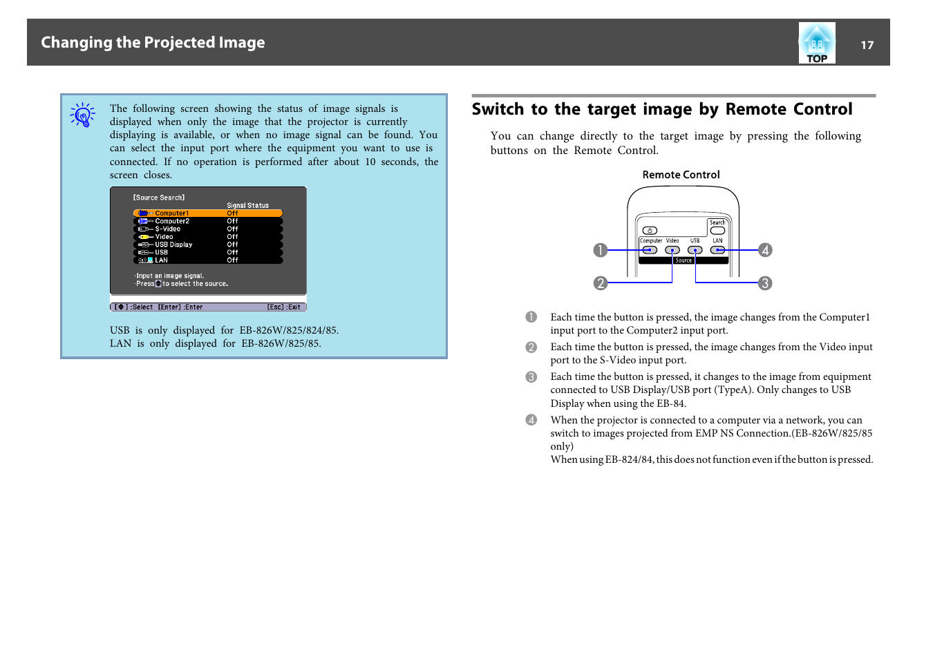 Switch to the target image by remote control, P.17 | Epson EB-825 User Manual | Page 17 / 121