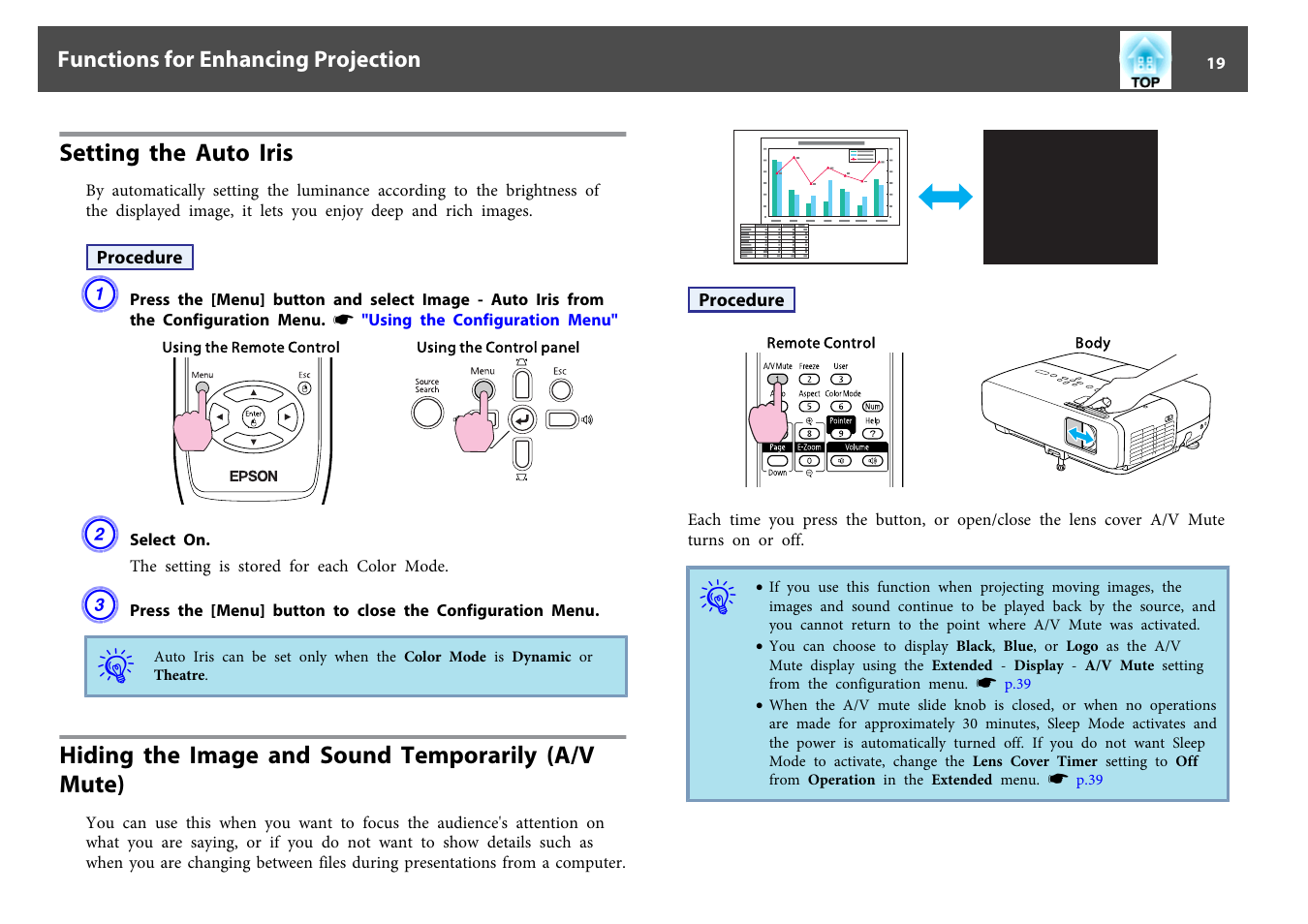 Setting the auto iris, Hiding the image and sound temporarily (a/v mute), P.19 | Epson EB-825 User Manual | Page 19 / 121