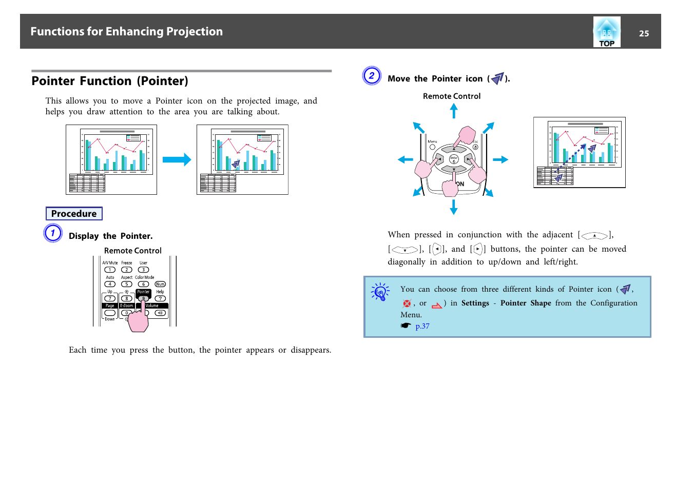 Pointer function (pointer), P.25 | Epson EB-825 User Manual | Page 25 / 121