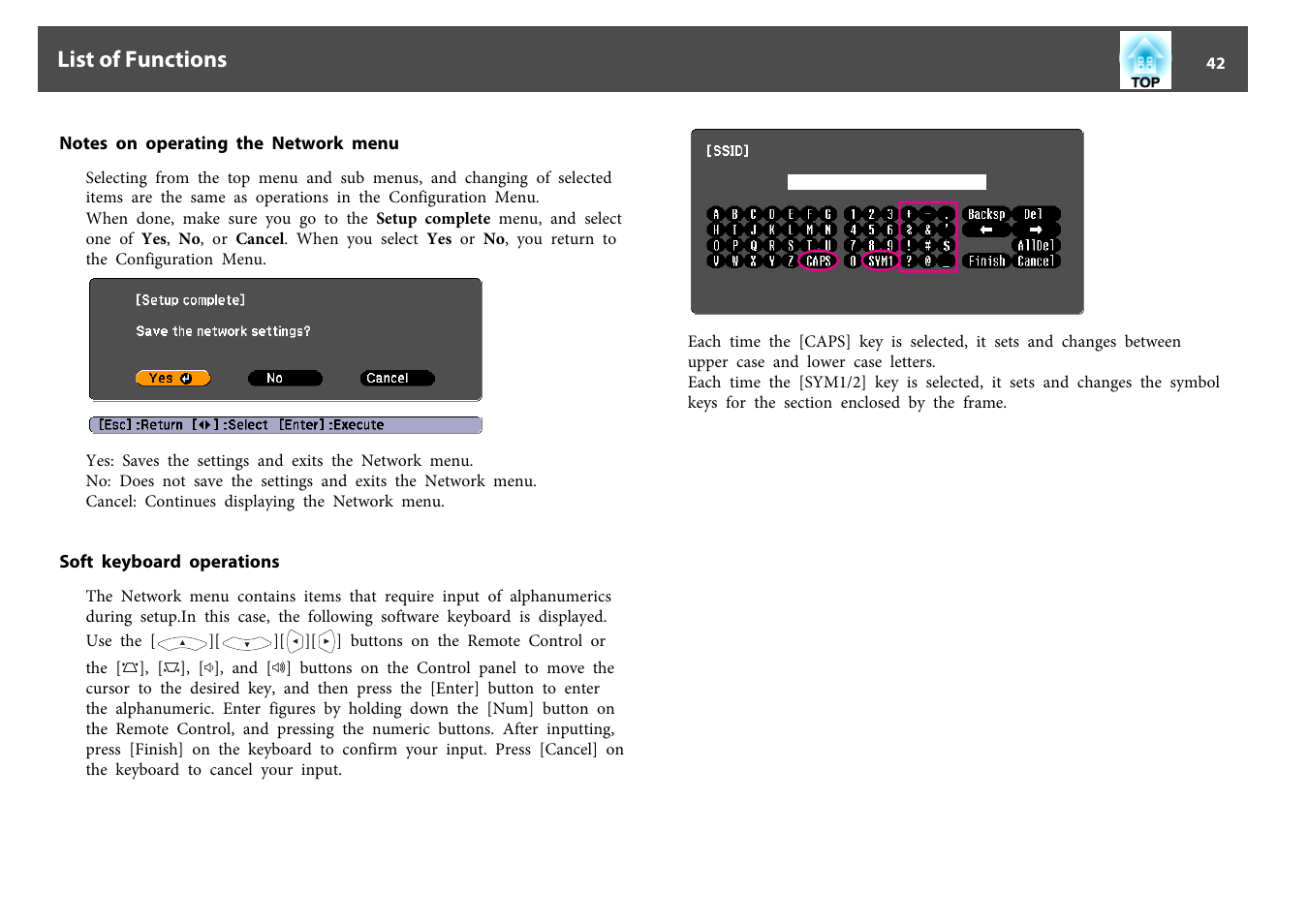 Notes on operating the network menu, Soft keyboard operations, List of functions | Epson EB-825 User Manual | Page 42 / 121