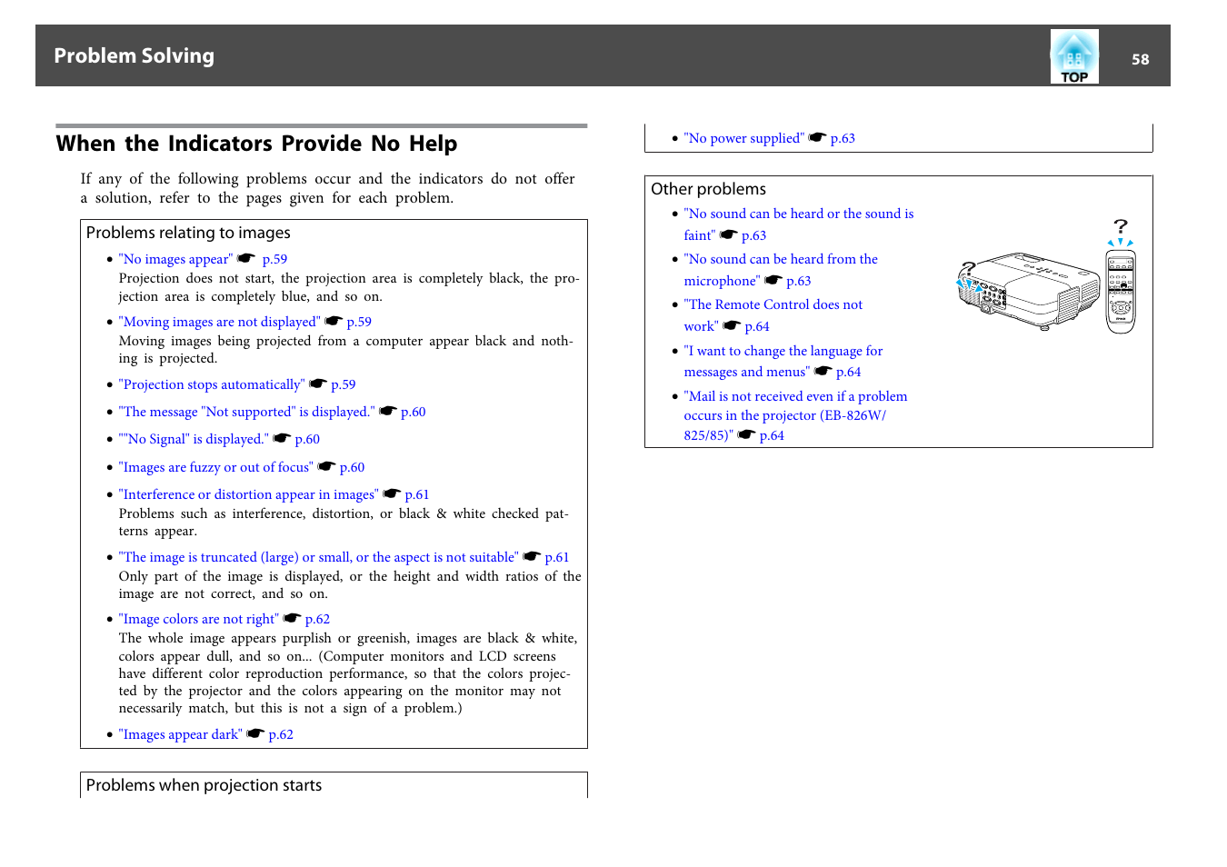 When the indicators provide no help, P.58, Problem solving | Epson EB-825 User Manual | Page 58 / 121