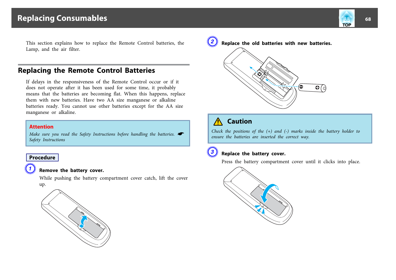 Replacing consumables, Replacing the remote control batteries, P.68 | Epson EB-825 User Manual | Page 68 / 121