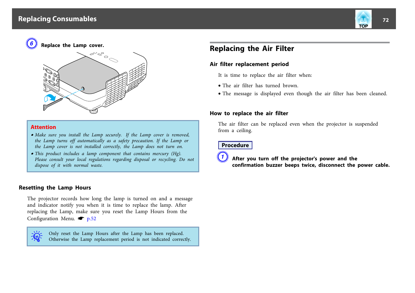 Resetting the lamp hours, Replacing the air filter, Air filter replacement period | How to replace the air filter, P.72 | Epson EB-825 User Manual | Page 72 / 121