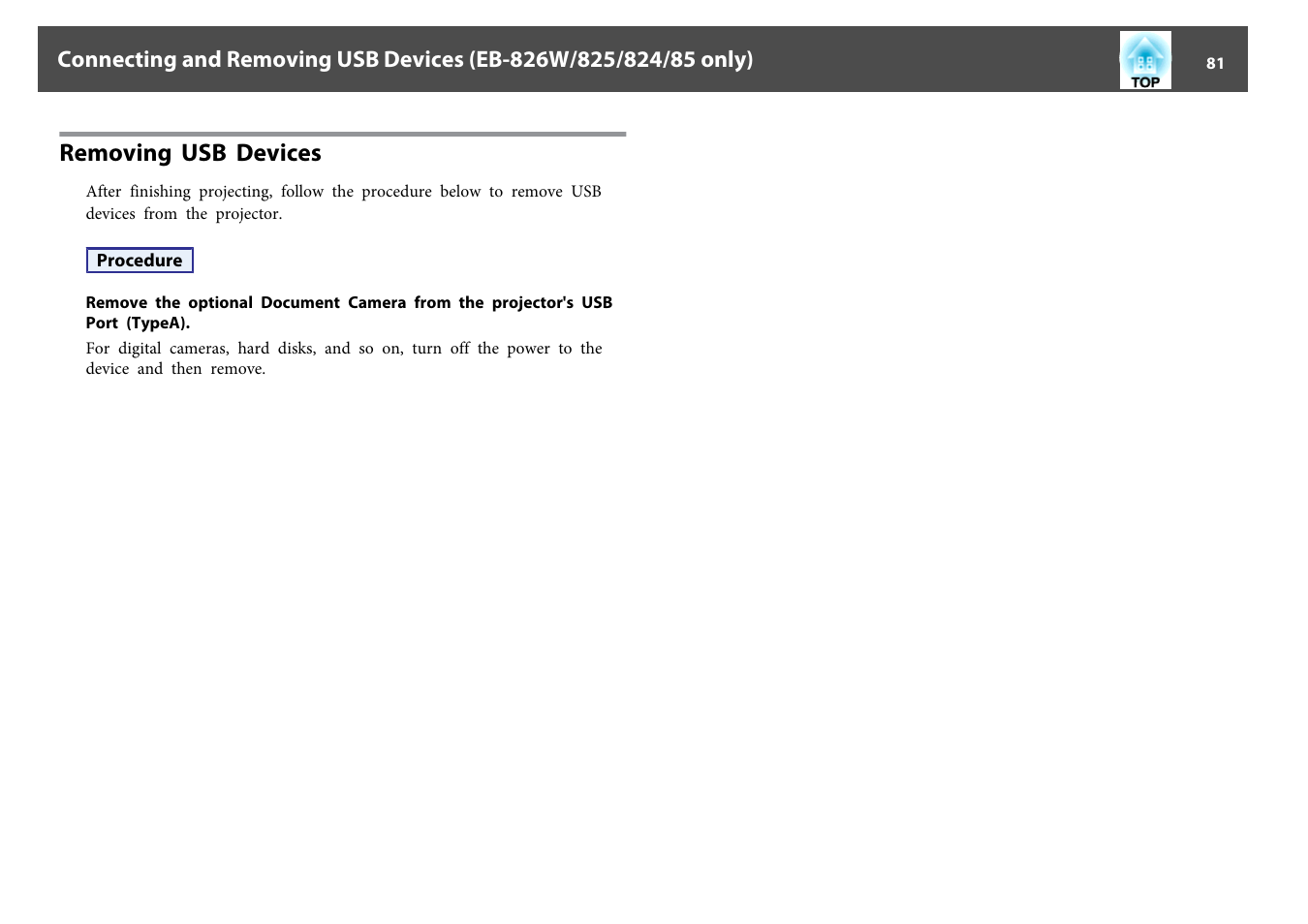 Removing usb devices | Epson EB-825 User Manual | Page 81 / 121