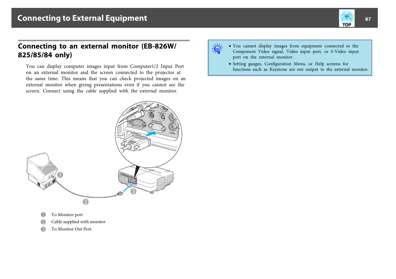 Connecting to external equipment, P.87 | Epson EB-825 User Manual | Page 87 / 121