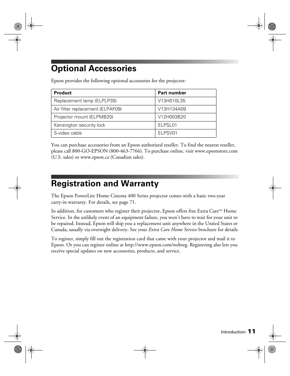 Optional accessories, Registration and warranty | Epson 400 Series User Manual | Page 11 / 76