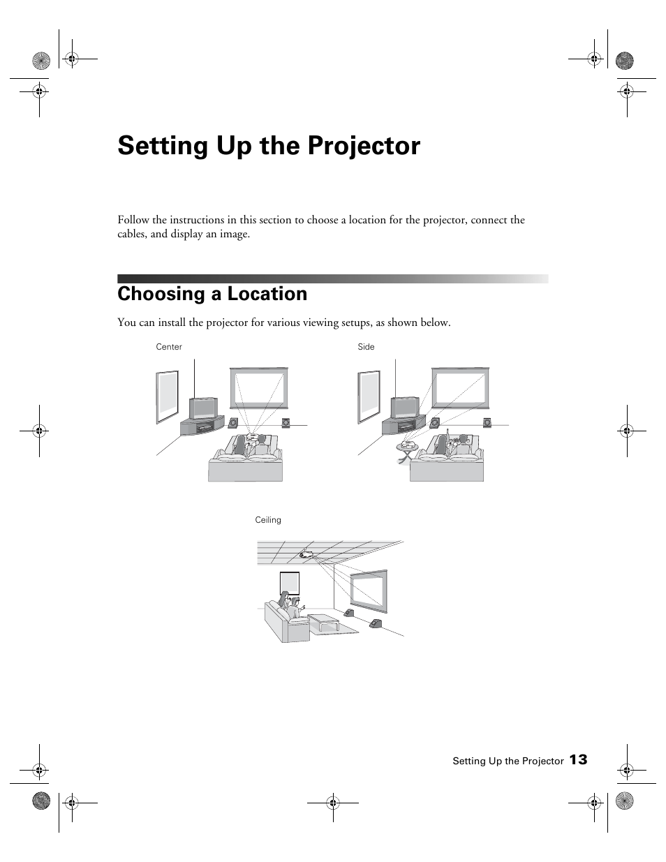 Setting up the projector, Choosing a location | Epson 400 Series User Manual | Page 13 / 76