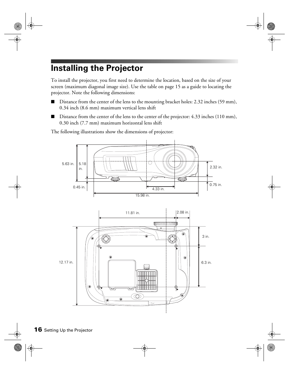 Installing the projector | Epson 400 Series User Manual | Page 16 / 76