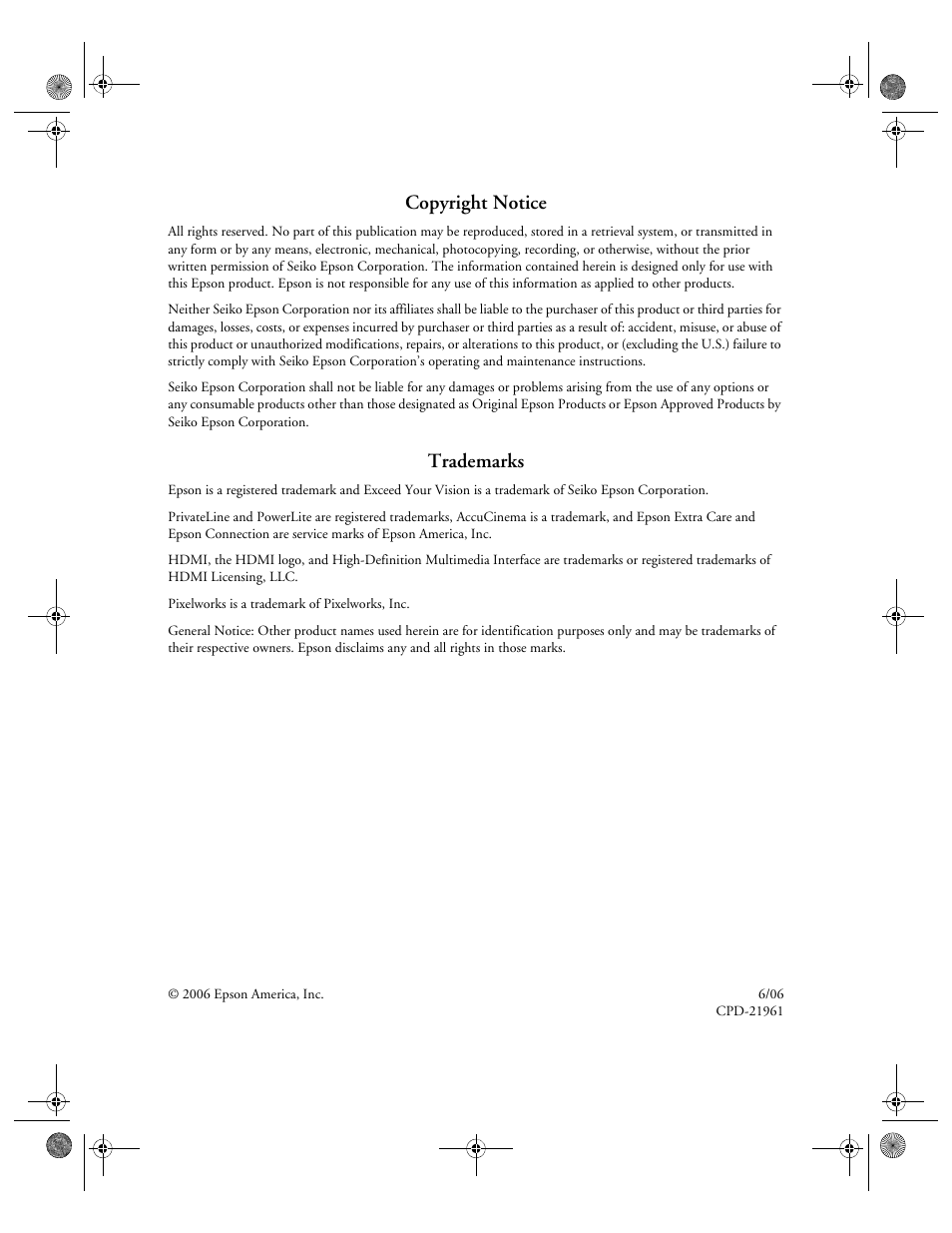Copyright notice, Trademarks, 2copyright notice | Epson 400 Series User Manual | Page 2 / 76