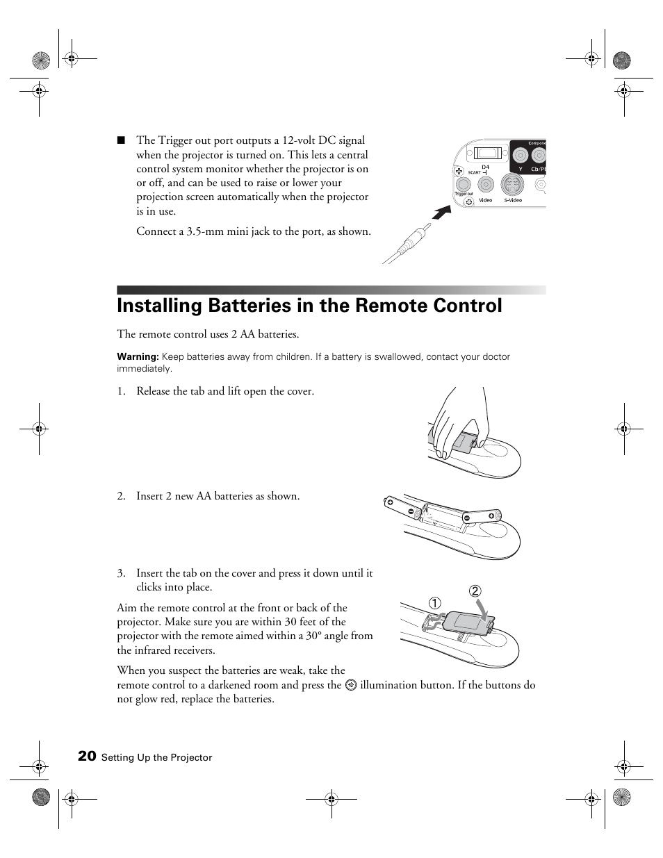 Installing batteries in the remote control | Epson 400 Series User Manual | Page 20 / 76