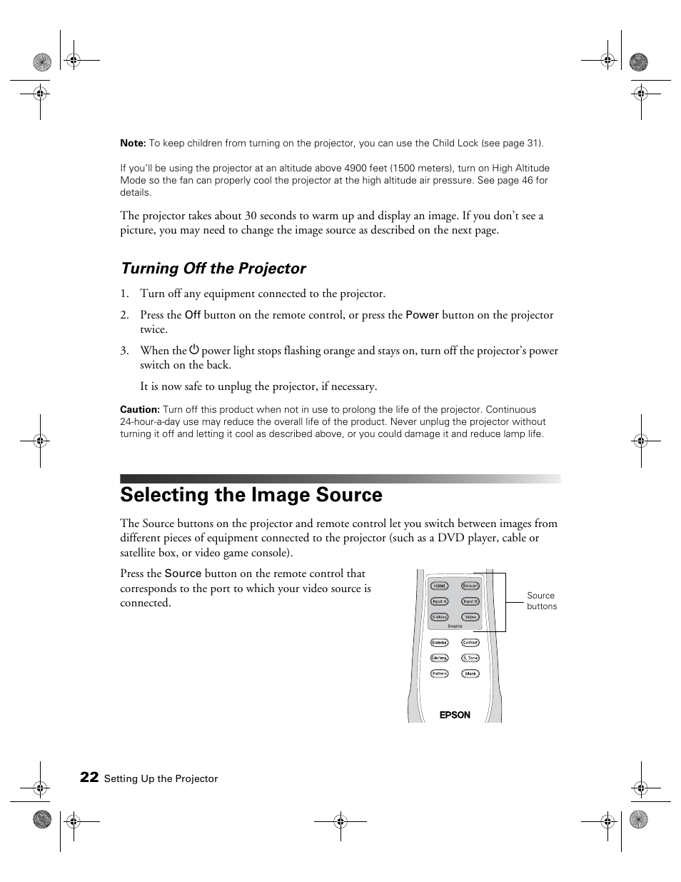 Turning off the projector, Selecting the image source | Epson 400 Series User Manual | Page 22 / 76