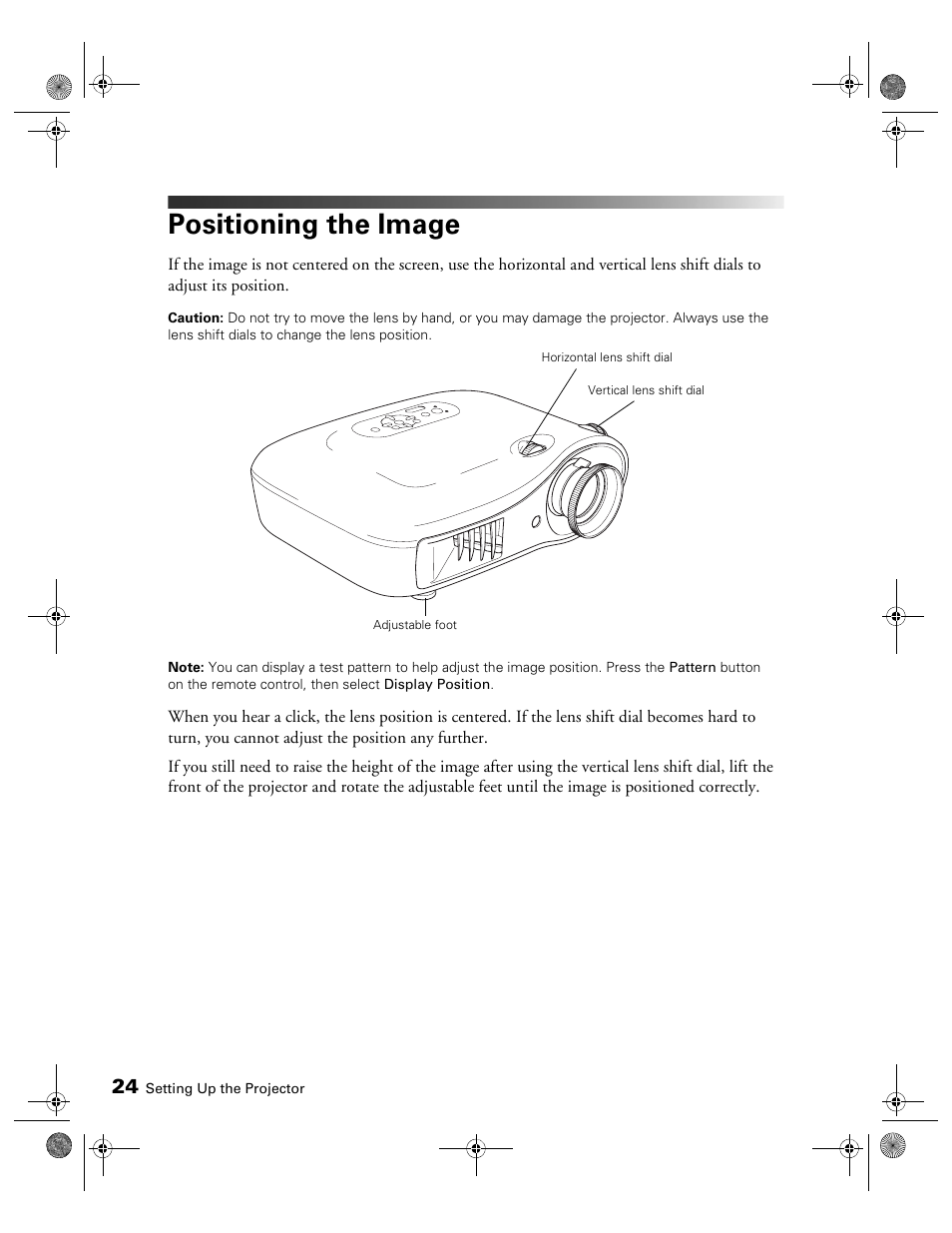 Positioning the image | Epson 400 Series User Manual | Page 24 / 76