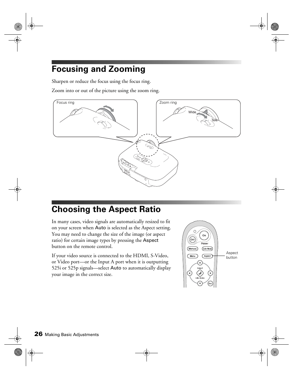 Focusing and zooming, Choosing the aspect ratio | Epson 400 Series User Manual | Page 26 / 76