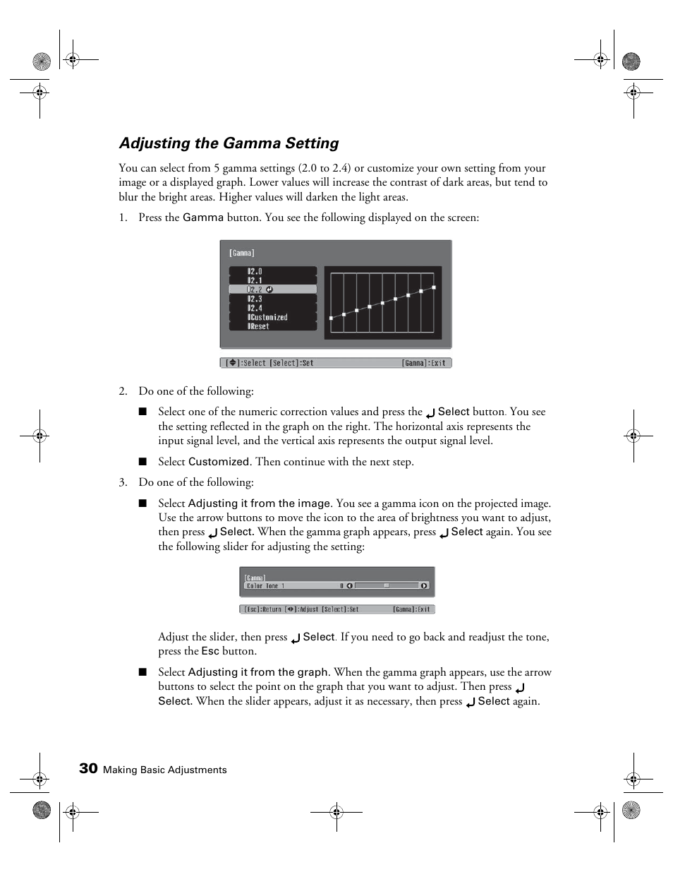 Adjusting the gamma setting | Epson 400 Series User Manual | Page 30 / 76