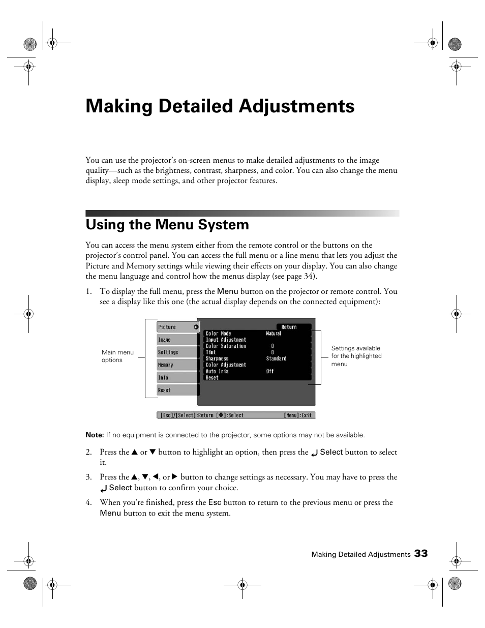 Making detailed adjustments, Using the menu system | Epson 400 Series User Manual | Page 33 / 76