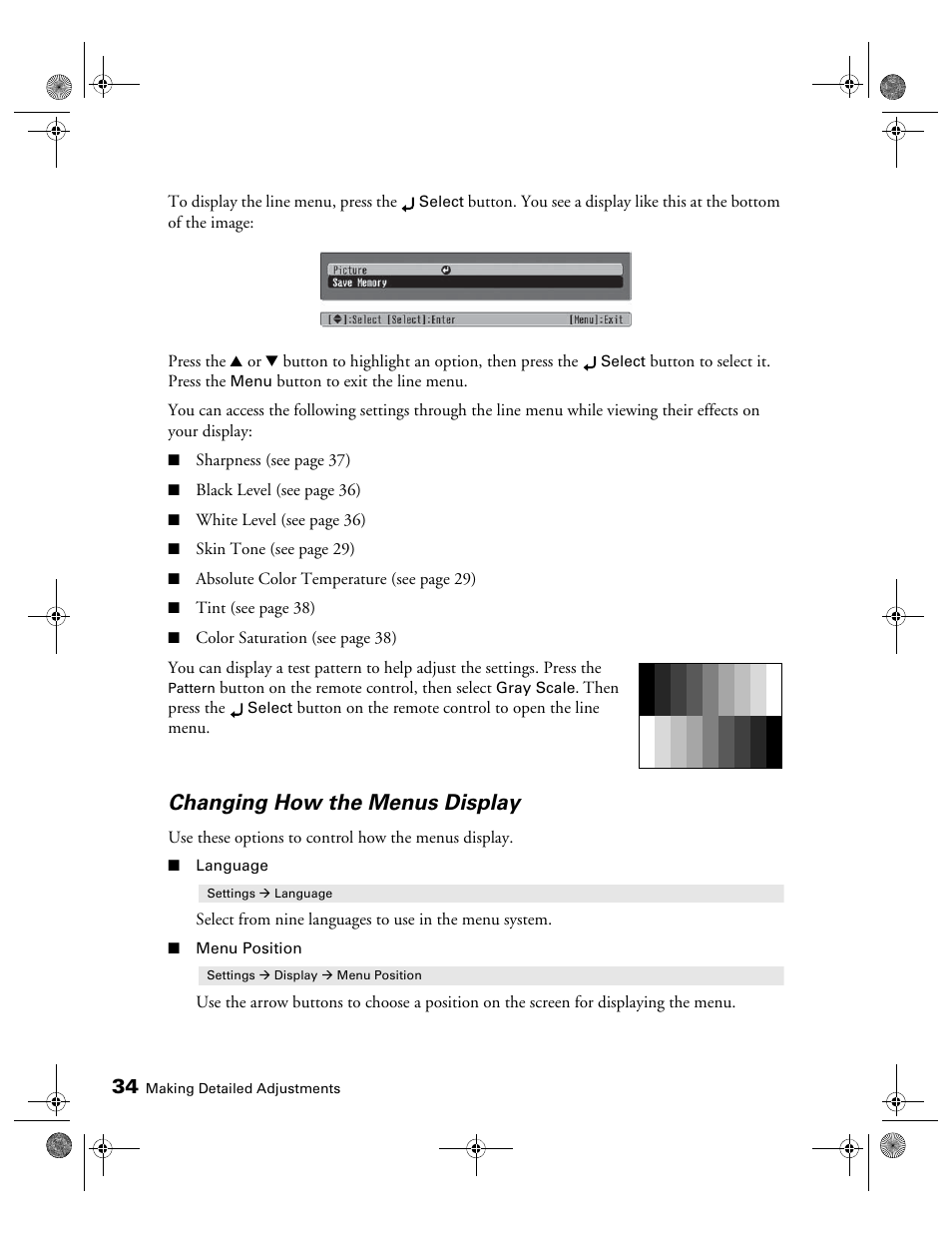 Changing how the menus display | Epson 400 Series User Manual | Page 34 / 76