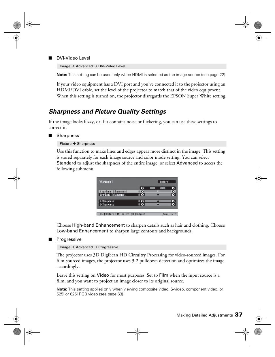 Sharpness and picture quality settings | Epson 400 Series User Manual | Page 37 / 76