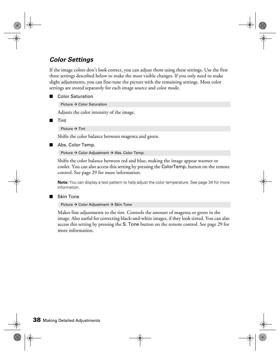 Color settings | Epson 400 Series User Manual | Page 38 / 76