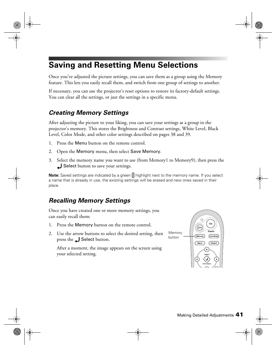 Saving and resetting menu selections, Creating memory settings, Recalling memory settings | Epson 400 Series User Manual | Page 41 / 76