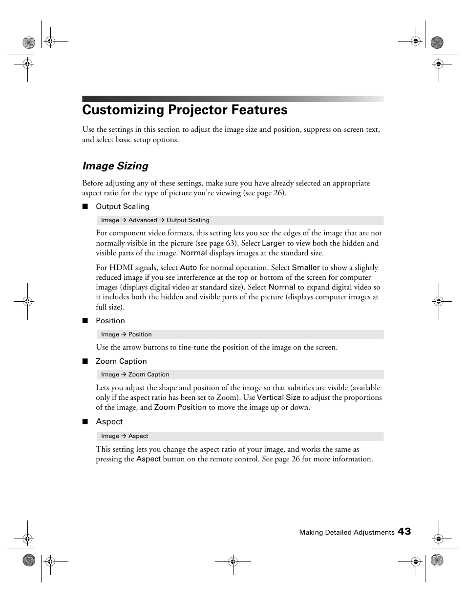 Customizing projector features, Image sizing | Epson 400 Series User Manual | Page 43 / 76