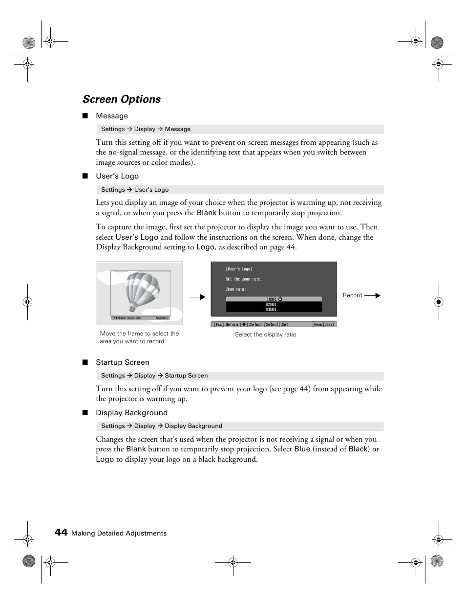 Screen options | Epson 400 Series User Manual | Page 44 / 76