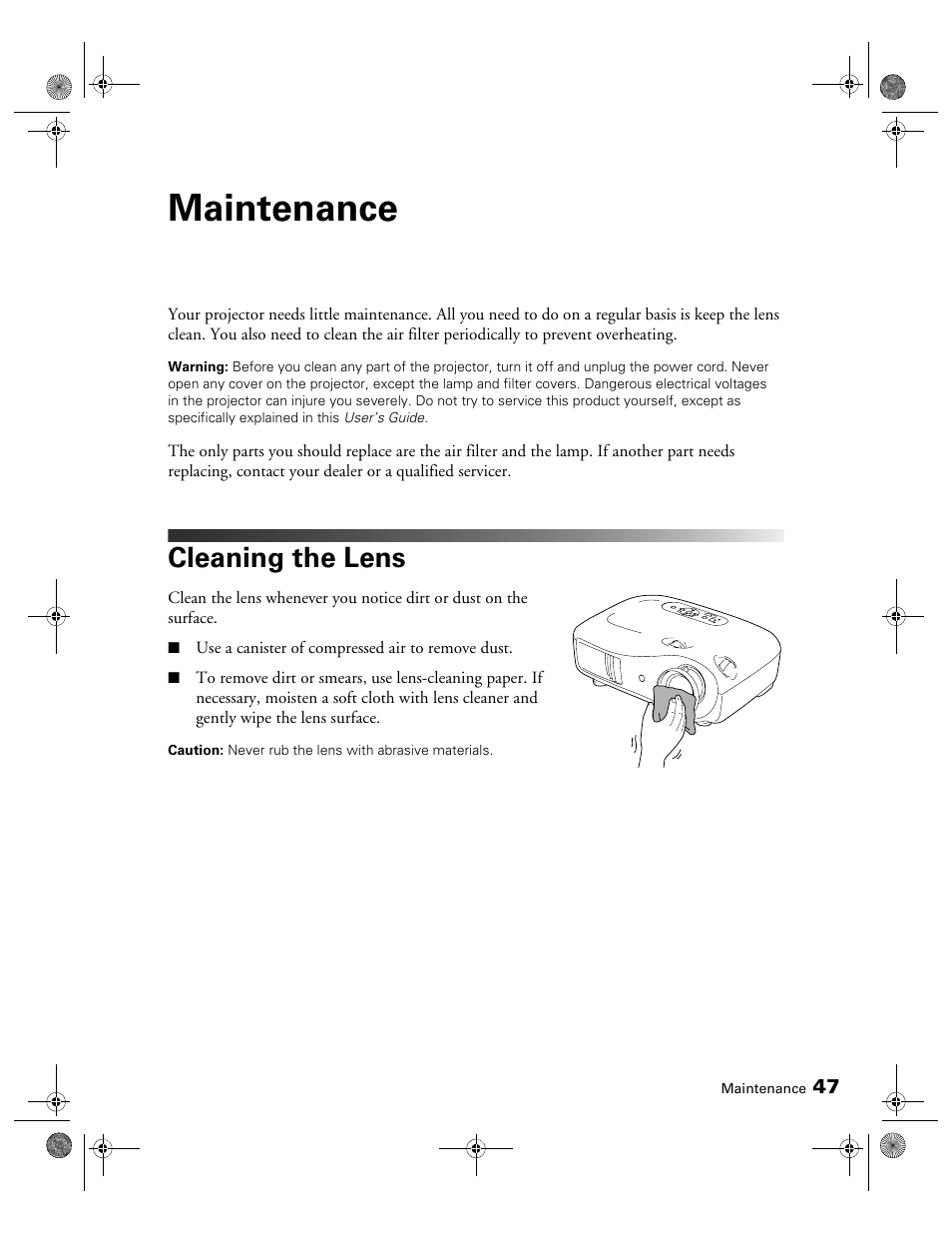 Maintenance, Cleaning the lens | Epson 400 Series User Manual | Page 47 / 76