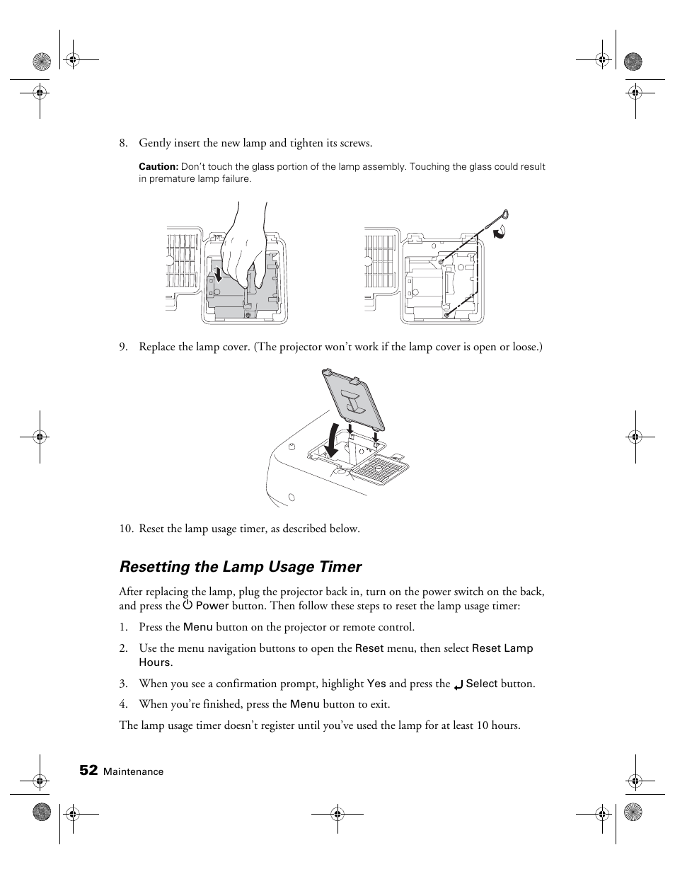 Resetting the lamp usage timer | Epson 400 Series User Manual | Page 52 / 76