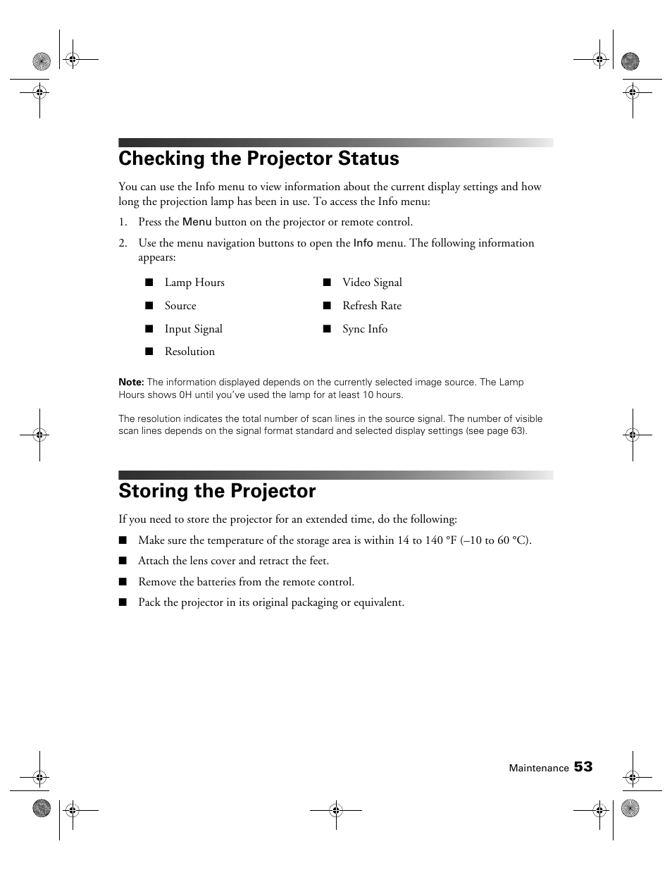 Checking the projector status, Storing the projector | Epson 400 Series User Manual | Page 53 / 76