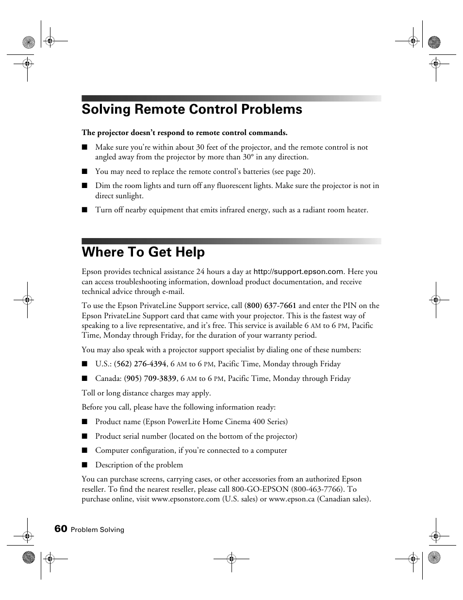 Solving remote control problems, Where to get help | Epson 400 Series User Manual | Page 60 / 76