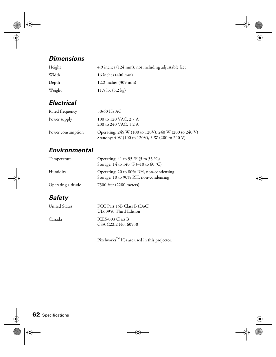 Dimensions, Electrical, Environmental | Safety | Epson 400 Series User Manual | Page 62 / 76