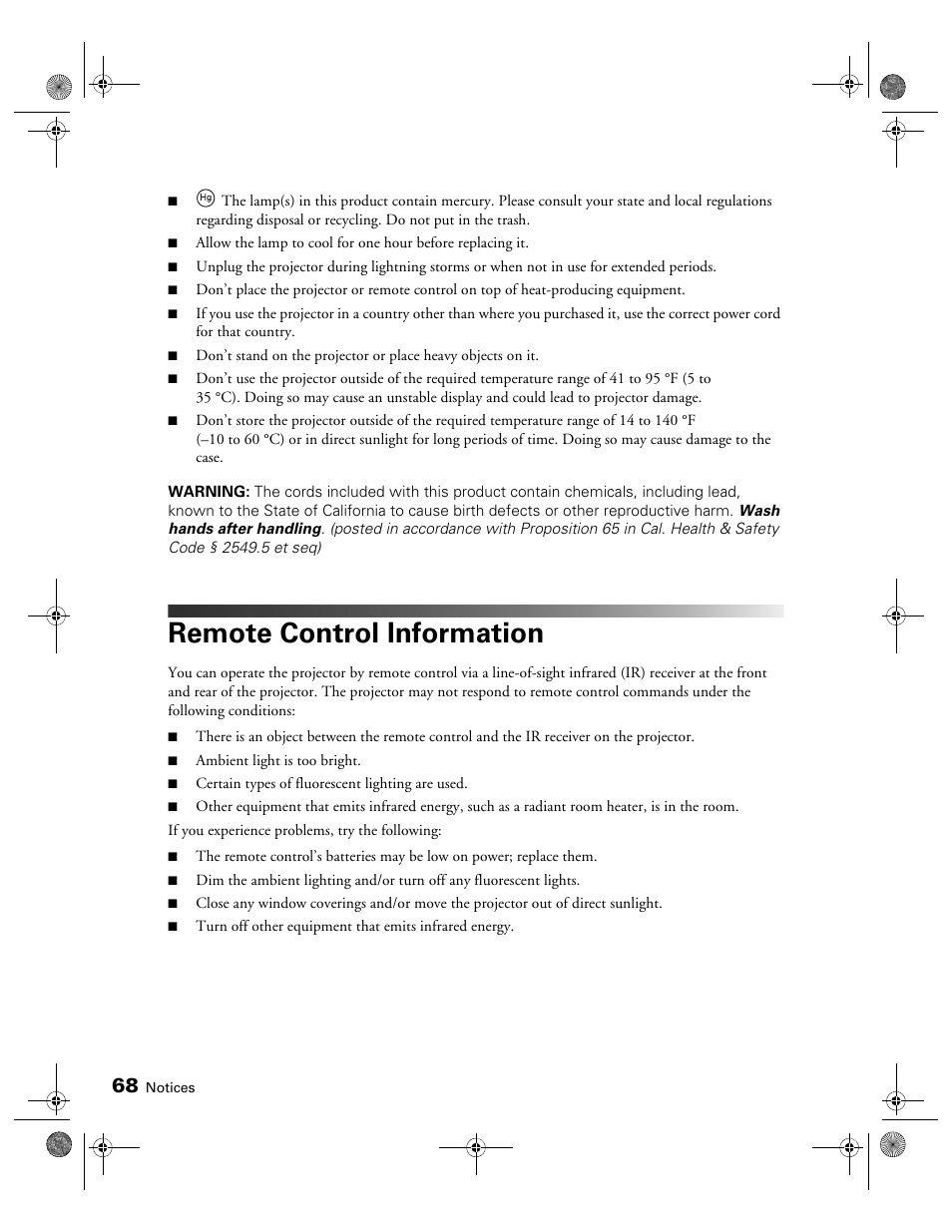 Remote control information | Epson 400 Series User Manual | Page 68 / 76