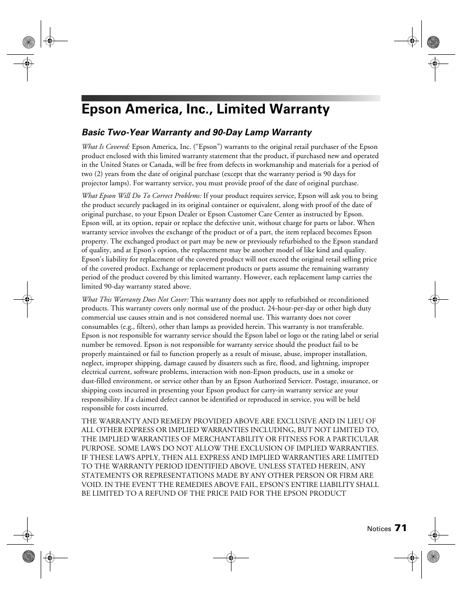 Epson america, inc., limited warranty | Epson 400 Series User Manual | Page 71 / 76