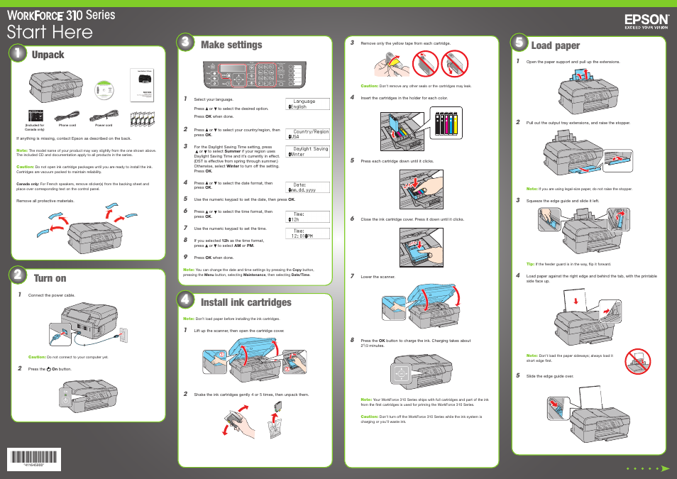 Start here, 2series, Unpack | Make settings, Load paper, Turn on, Install ink cartridges | Epson WorkForce 310 Series User Manual | Page 3 / 8