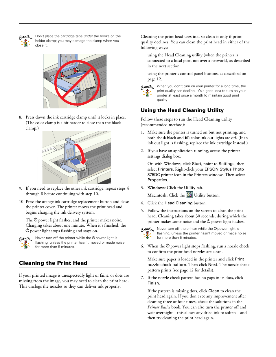 Cleaning the print head, Using the head cleaning utility | Epson STYLUS PHOTO 875DC User Manual | Page 10 / 12