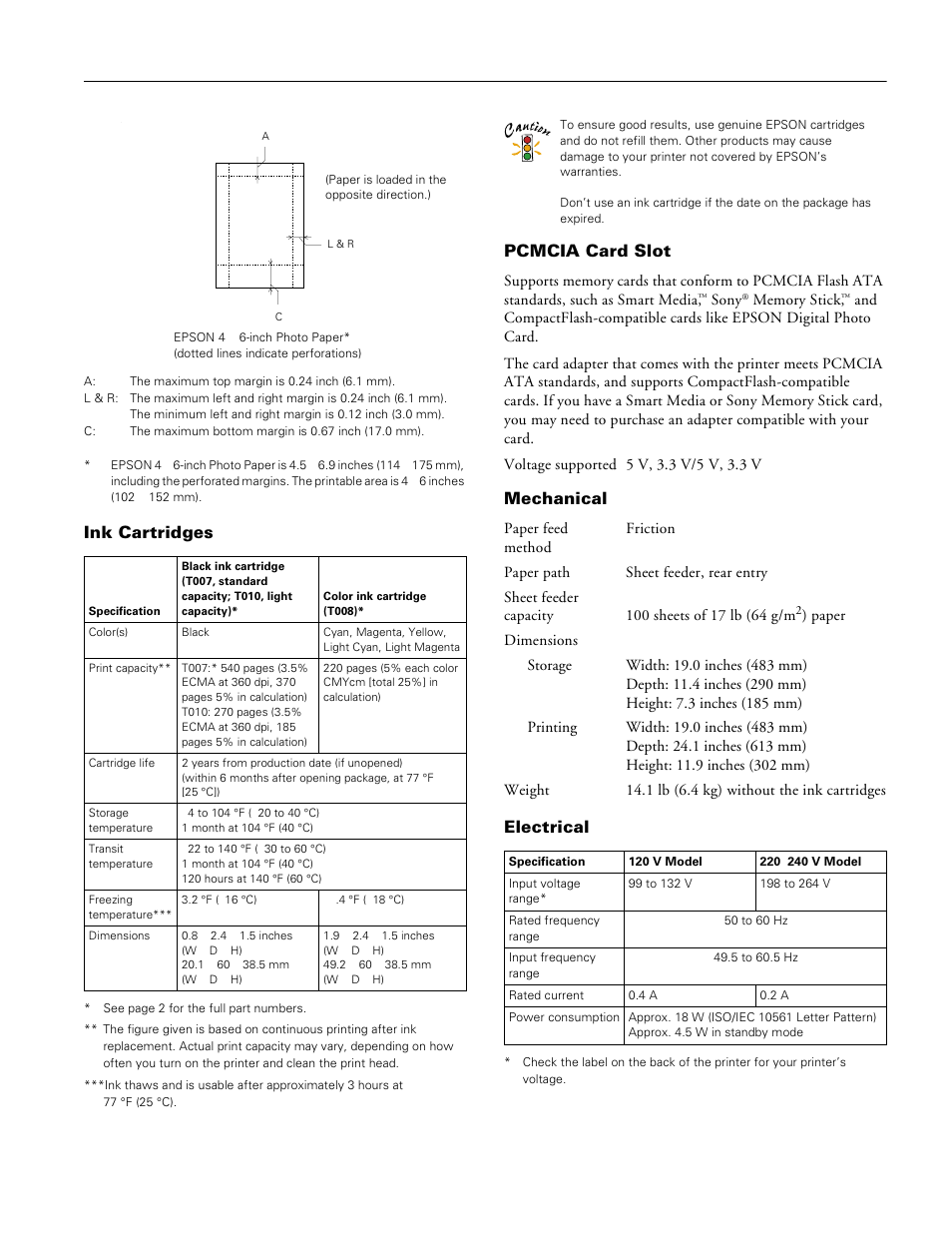 Ink cartridges, Pcmcia card slot, Mechanical | Electrical, Epson stylus photo 875dc | Epson STYLUS PHOTO 875DC User Manual | Page 3 / 12