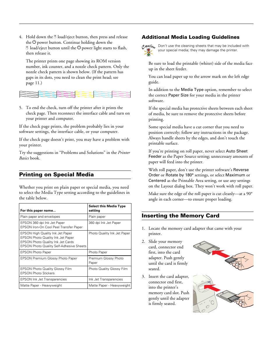 Printing on special media, Additional media loading guidelines, Inserting the memory card | Epson stylus photo 875dc | Epson STYLUS PHOTO 875DC User Manual | Page 6 / 12