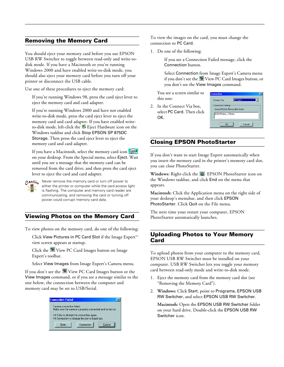 Removing the memory card, Viewing photos on the memory card, Closing epson photostarter | Uploading photos to your memory card | Epson STYLUS PHOTO 875DC User Manual | Page 7 / 12