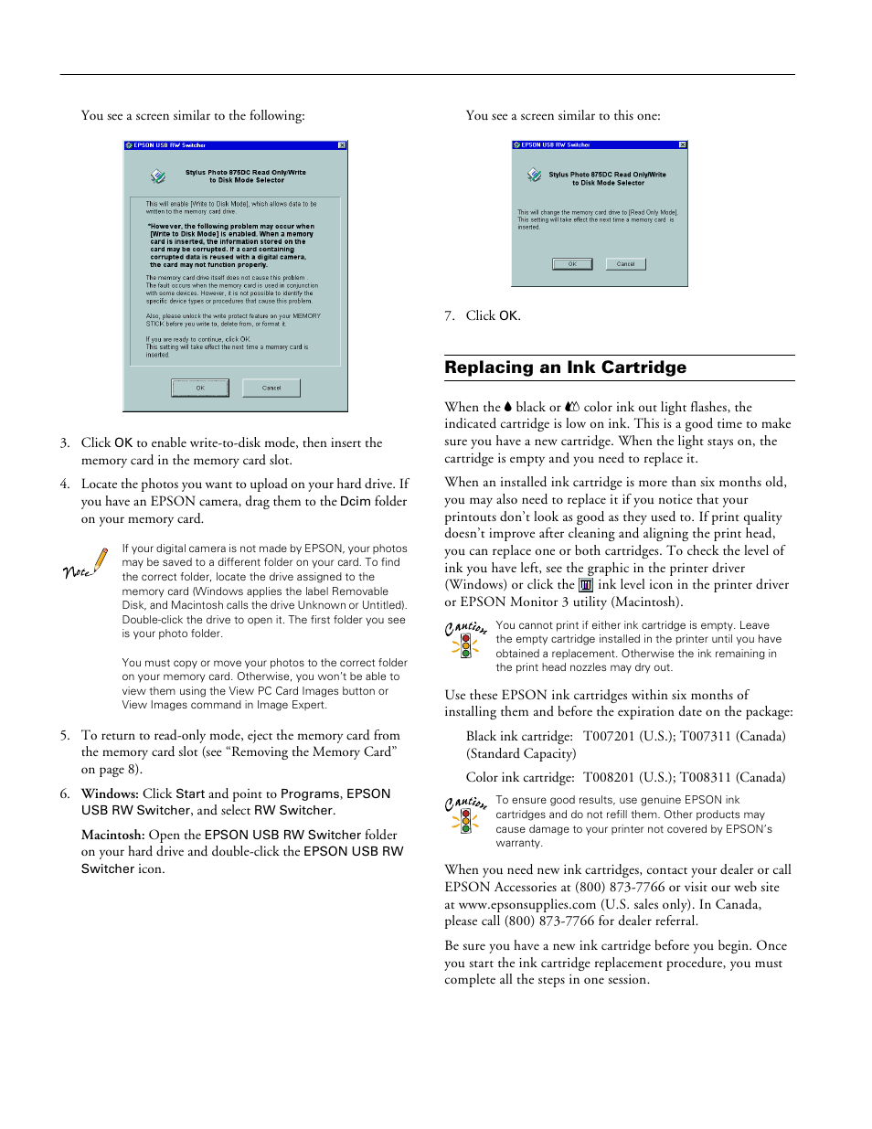 Replacing an ink cartridge | Epson STYLUS PHOTO 875DC User Manual | Page 8 / 12