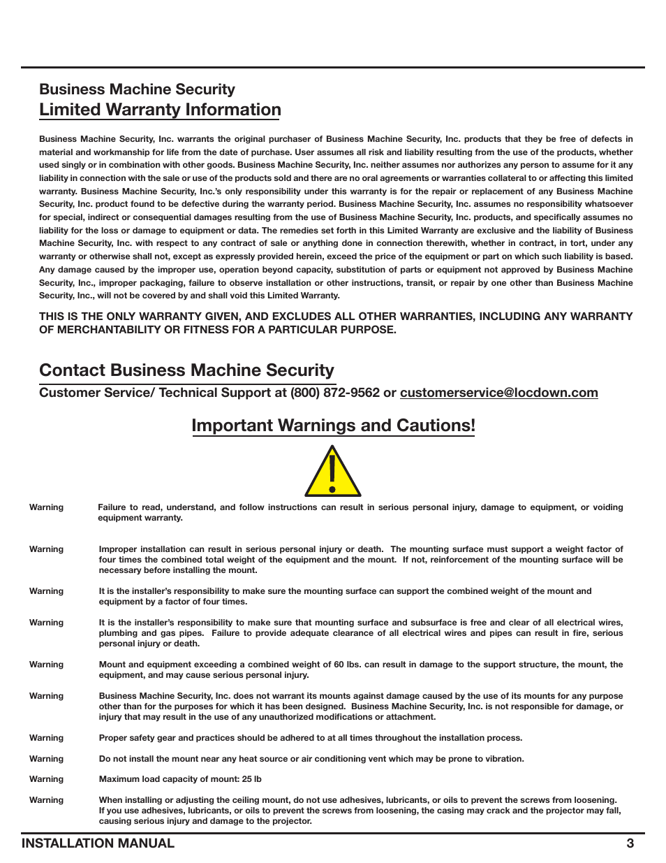 Limited warranty information, Contact business machine security, Important warnings and cautions | Business machine security, Installation manual 3 | Epson ELPMBATA User Manual | Page 3 / 11