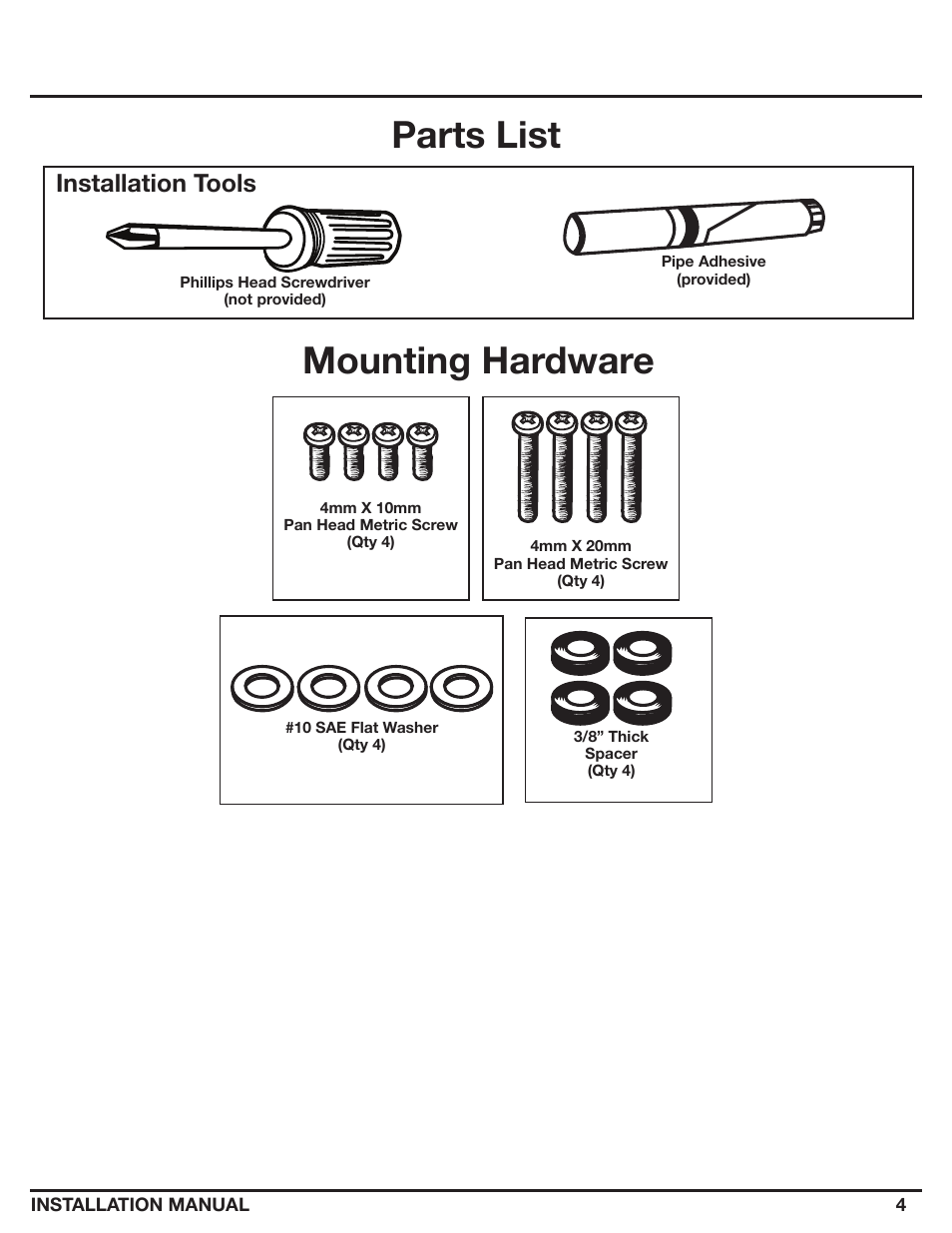 Parts list, Mounting hardware, Installation tools | Epson ELPMBATA User Manual | Page 4 / 11