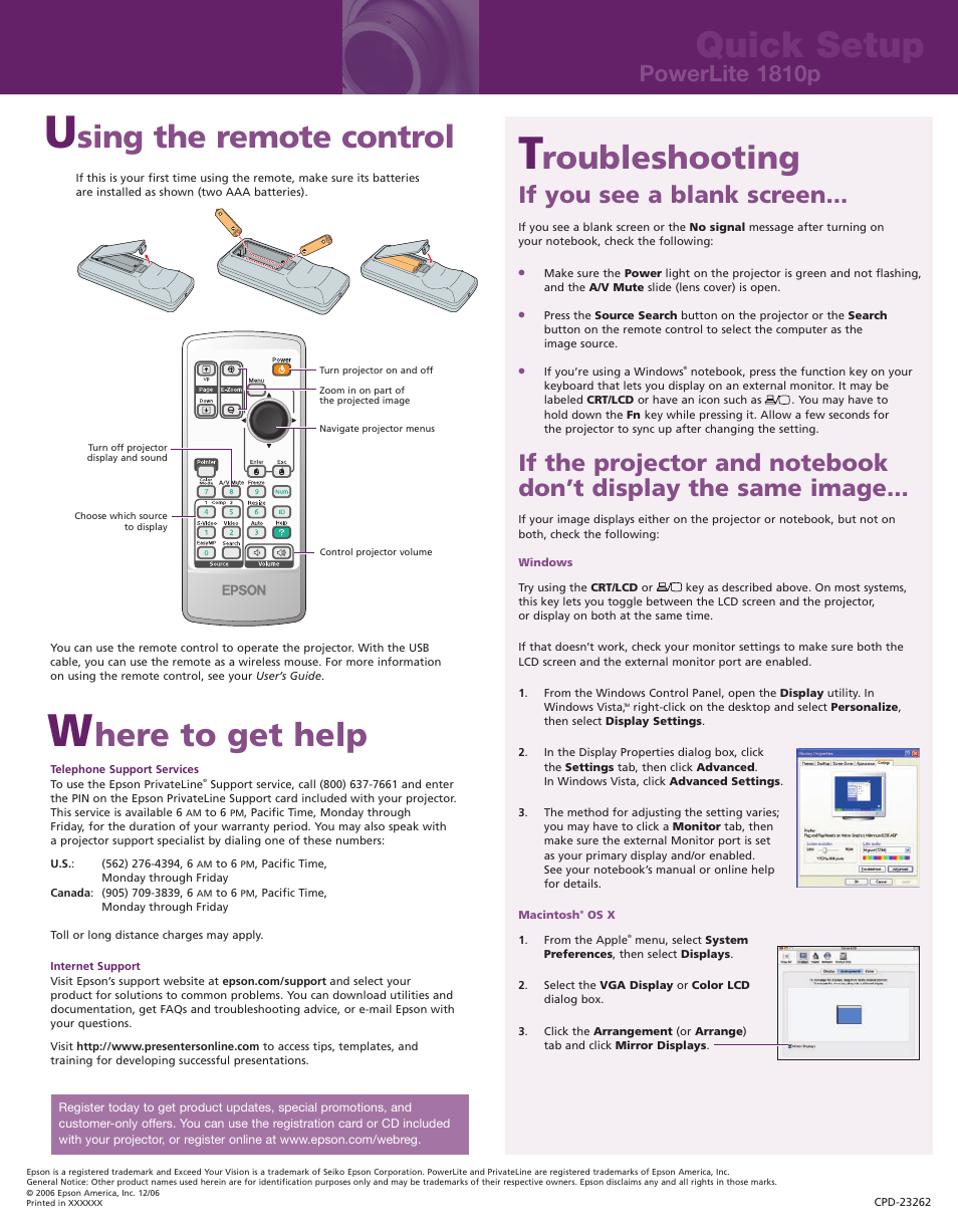 Using the remote control, Where to get help, Troubleshooting | If you see a blank screen, Quick setup, Here to get help, Roubleshooting, Sing the remote control, Powerlite 1810p | Epson POWERLITE 1810P User Manual | Page 2 / 2