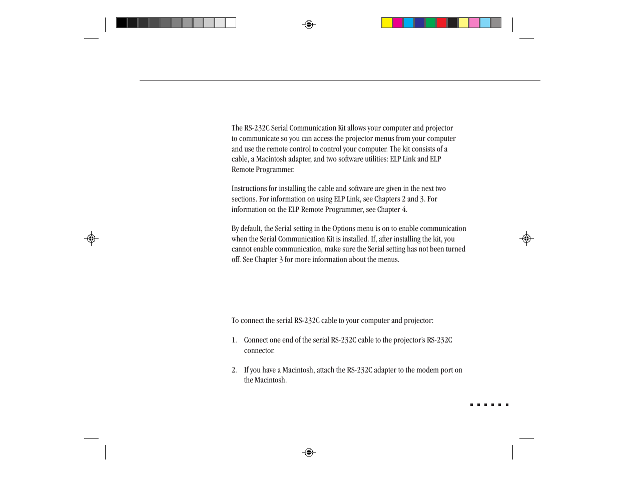 Setting up serial communication, Connecting the serial cable | Epson ELP-3300 User Manual | Page 34 / 110