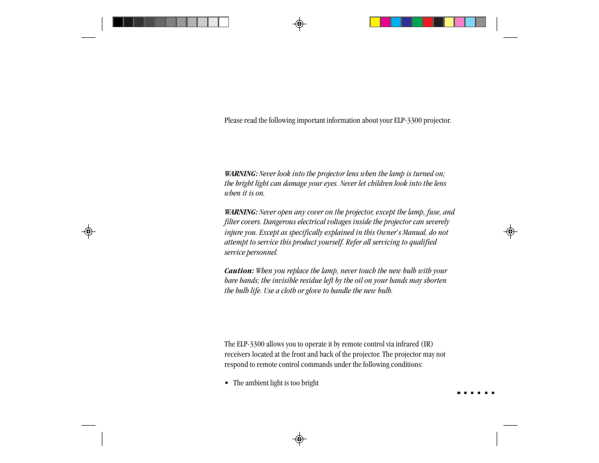 Important information about your elp-3300 | Epson ELP-3300 User Manual | Page 4 / 110