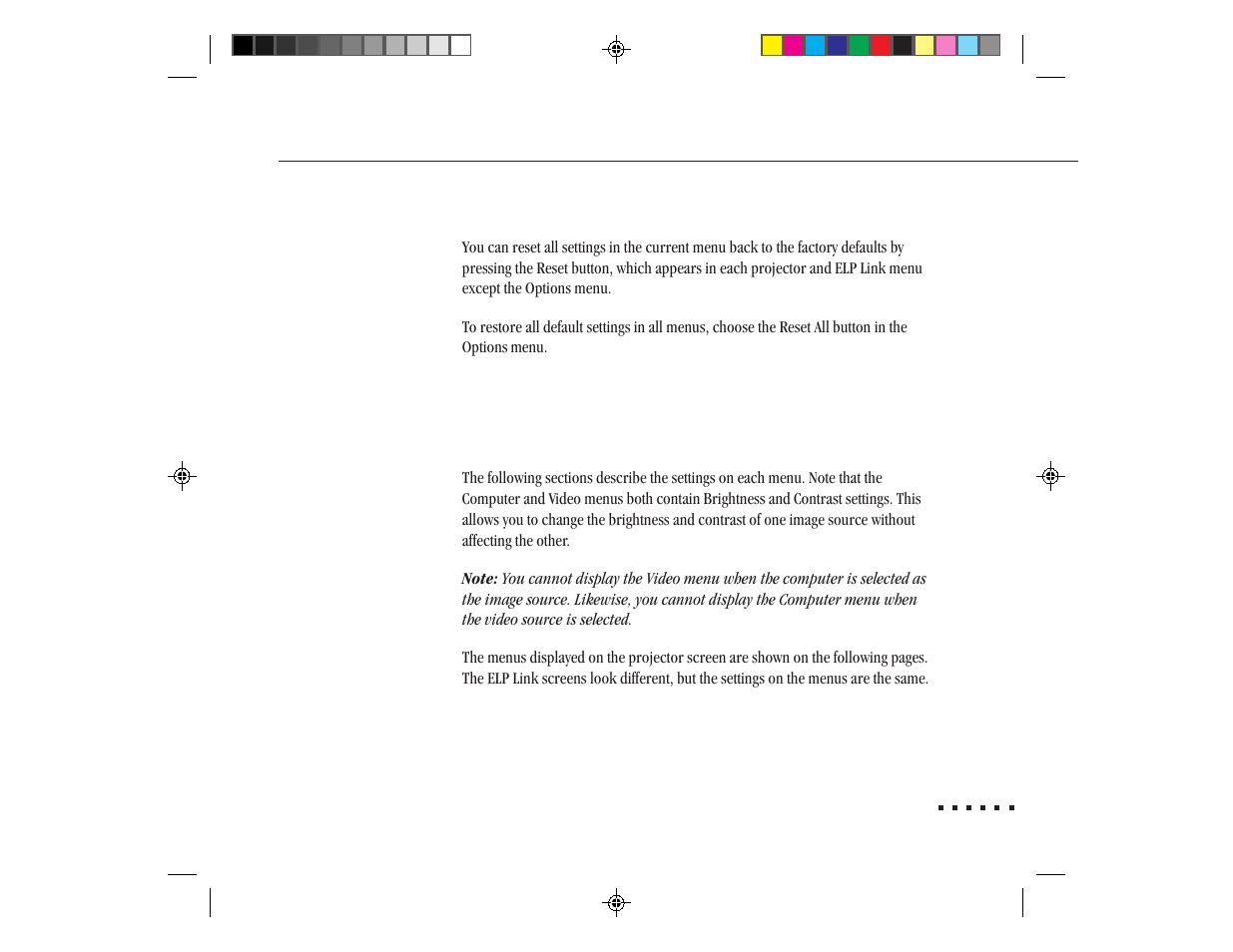 Restoring the default settings, Menu settings | Epson ELP-3300 User Manual | Page 52 / 110