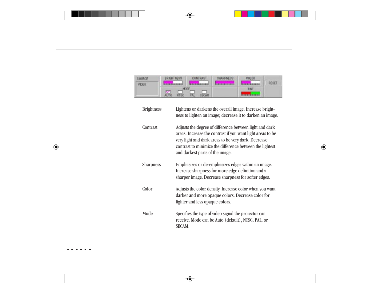 Video menu | Epson ELP-3300 User Manual | Page 55 / 110