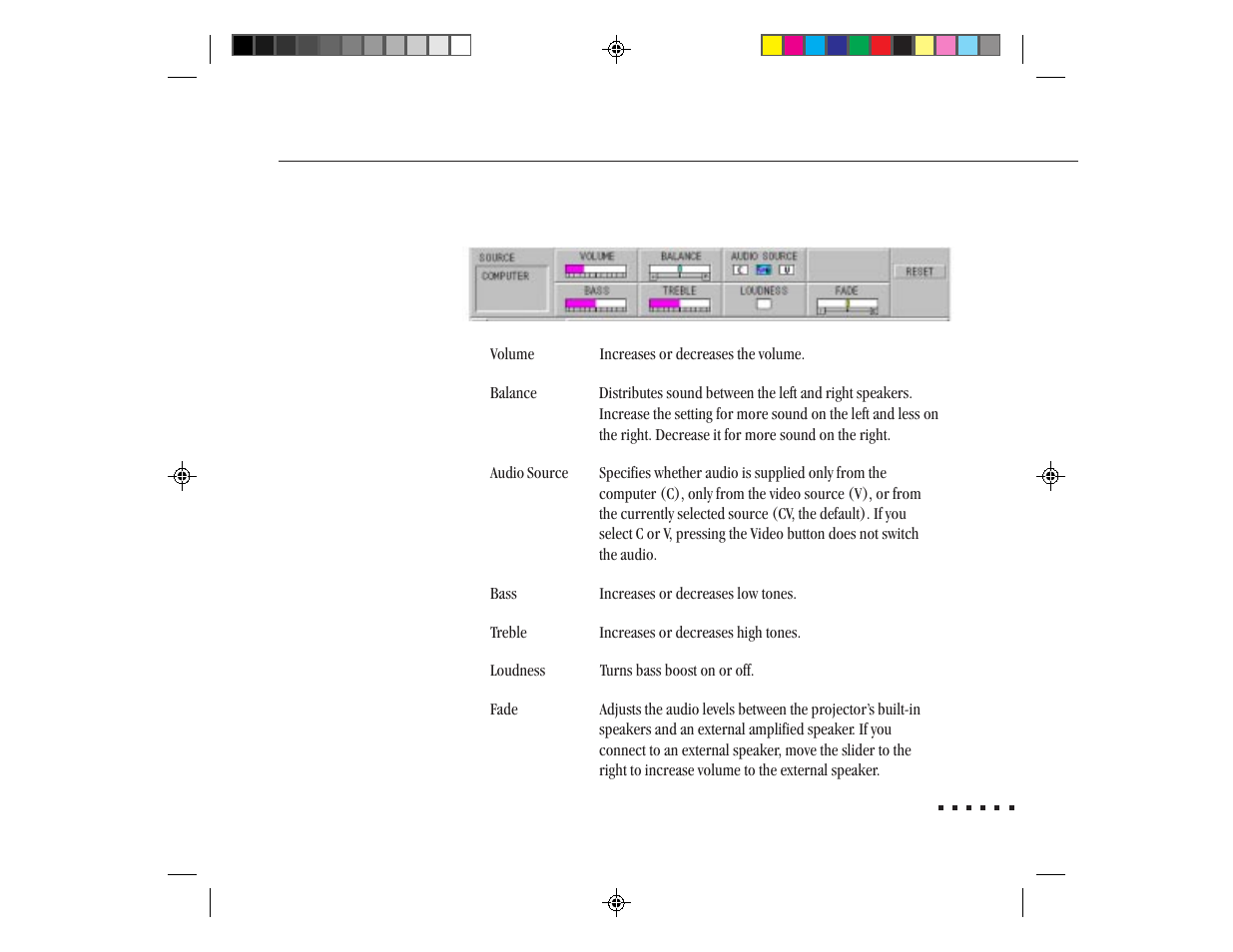 Audio menu | Epson ELP-3300 User Manual | Page 58 / 110