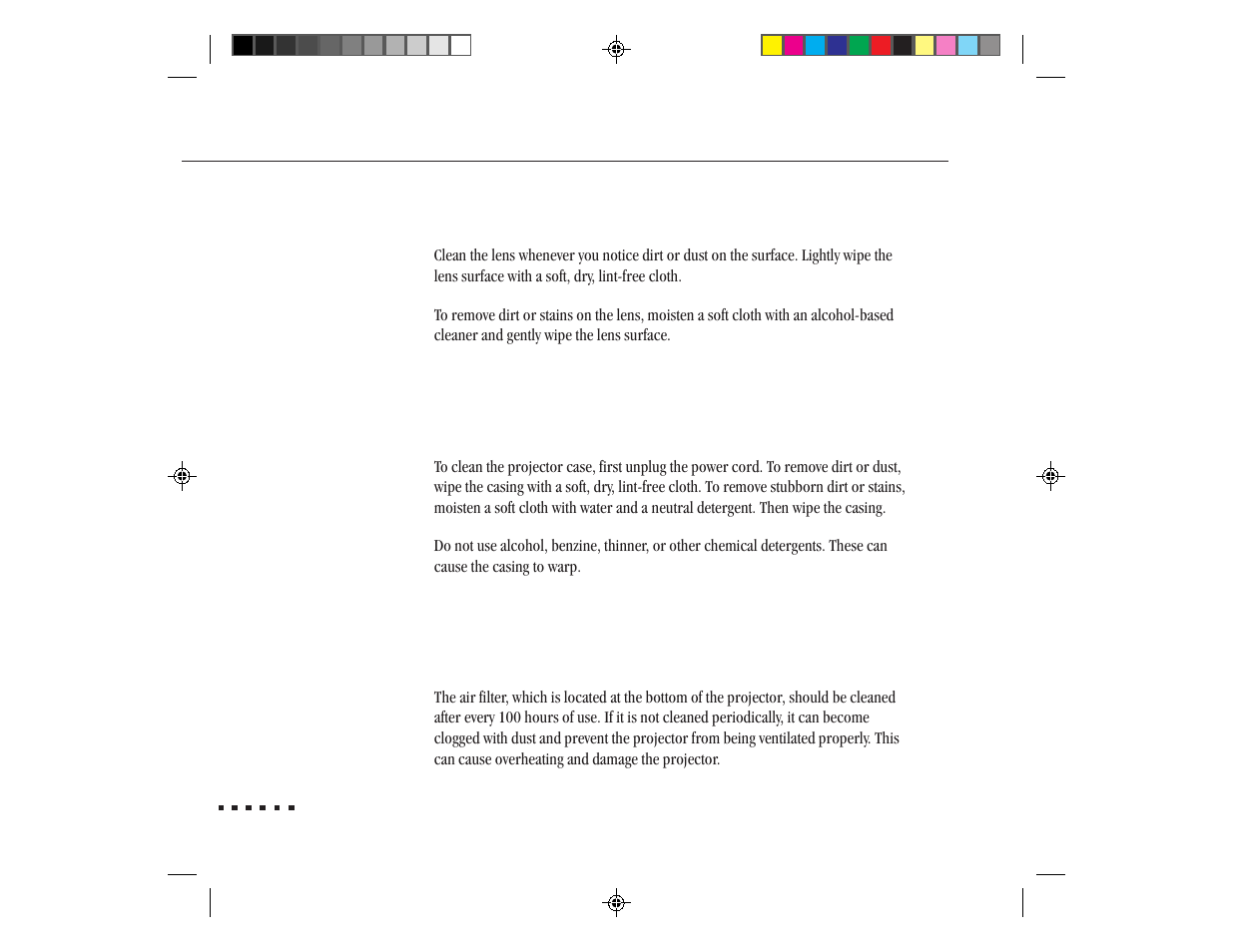 Cleaning the lens, Cleaning the projector case, Cleaning the air filter | Epson ELP-3300 User Manual | Page 73 / 110